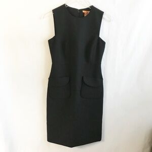 Tory Burch Wool Blend Black Sleeveless Sheath Dress 2 Front Pockets Fully Lined